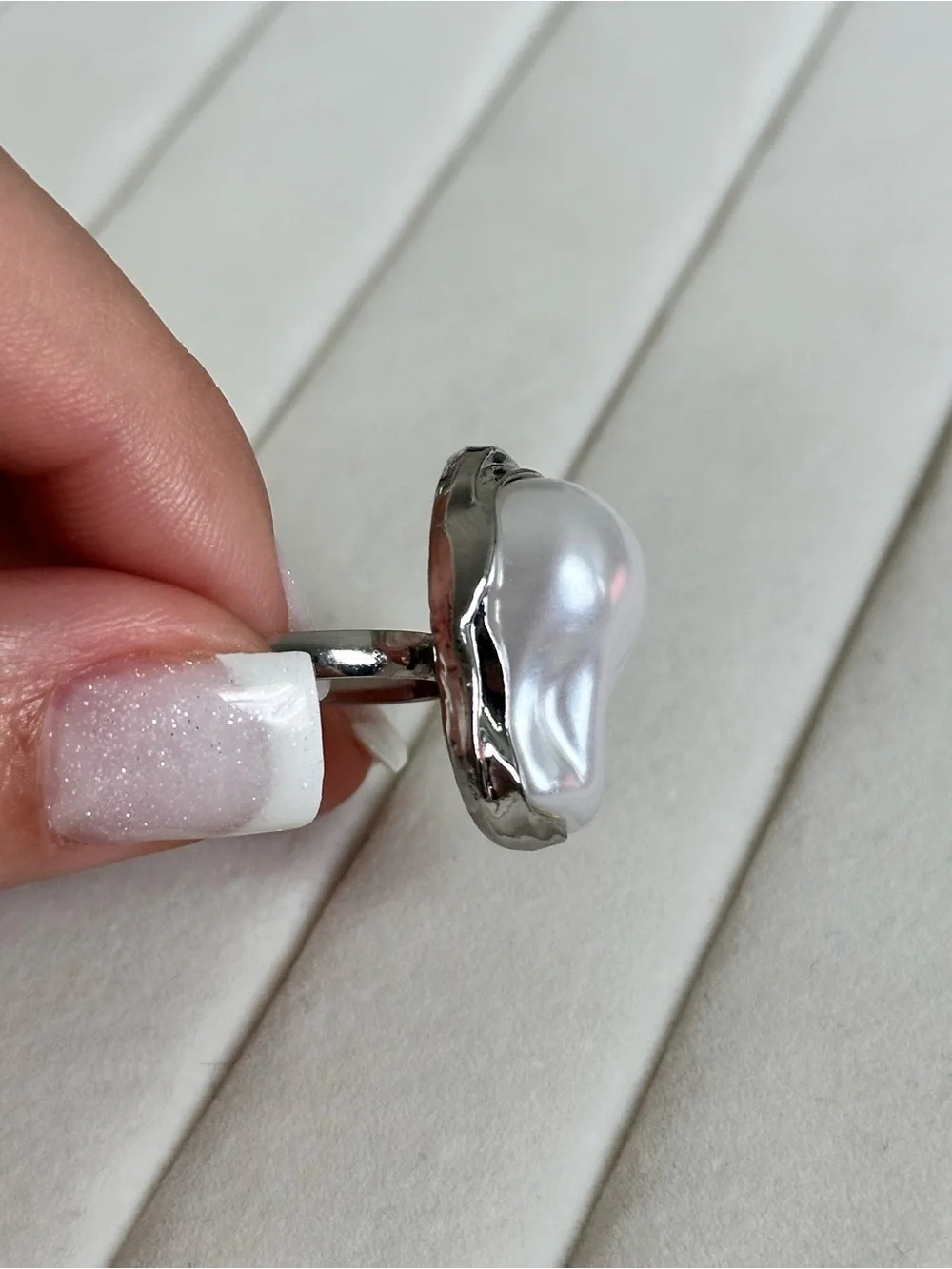 Elegant Silver Baroque Pearl Statement Ring